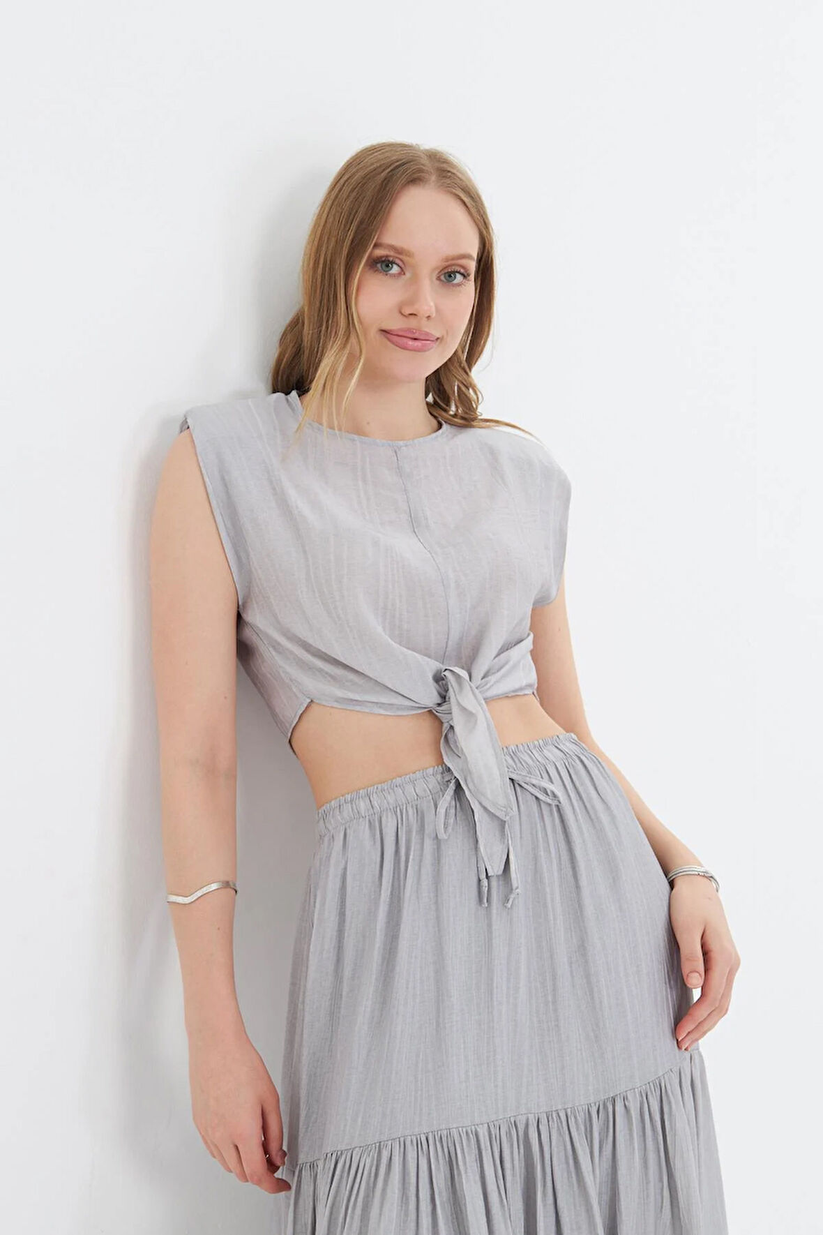 Çizgili Önü Bağlamalı Bluz 