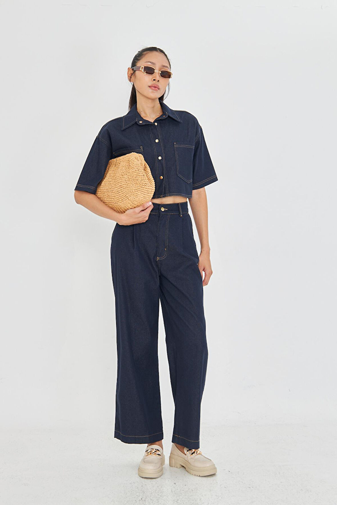 Yüksek Bel Palazzo Denim Pantolon - Gri