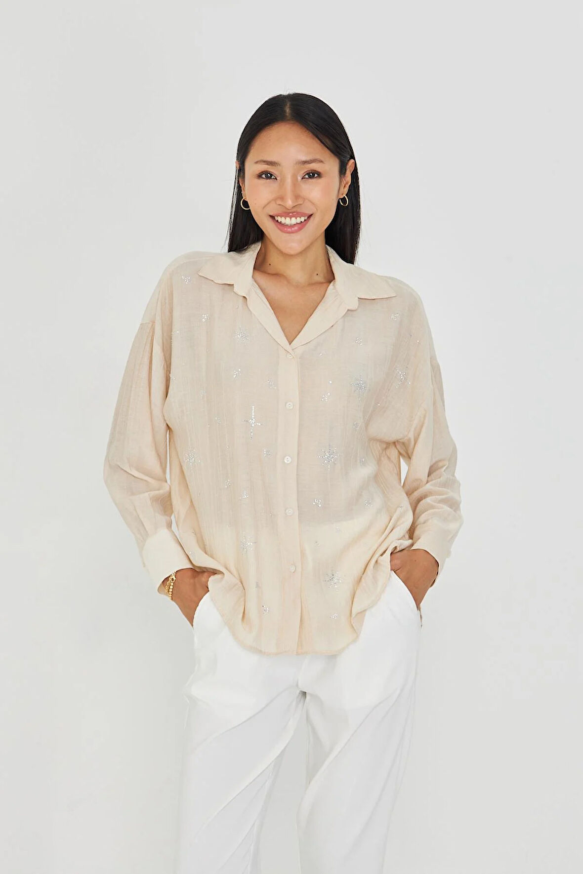 Taşlı Çizgili Rayon Gömlek