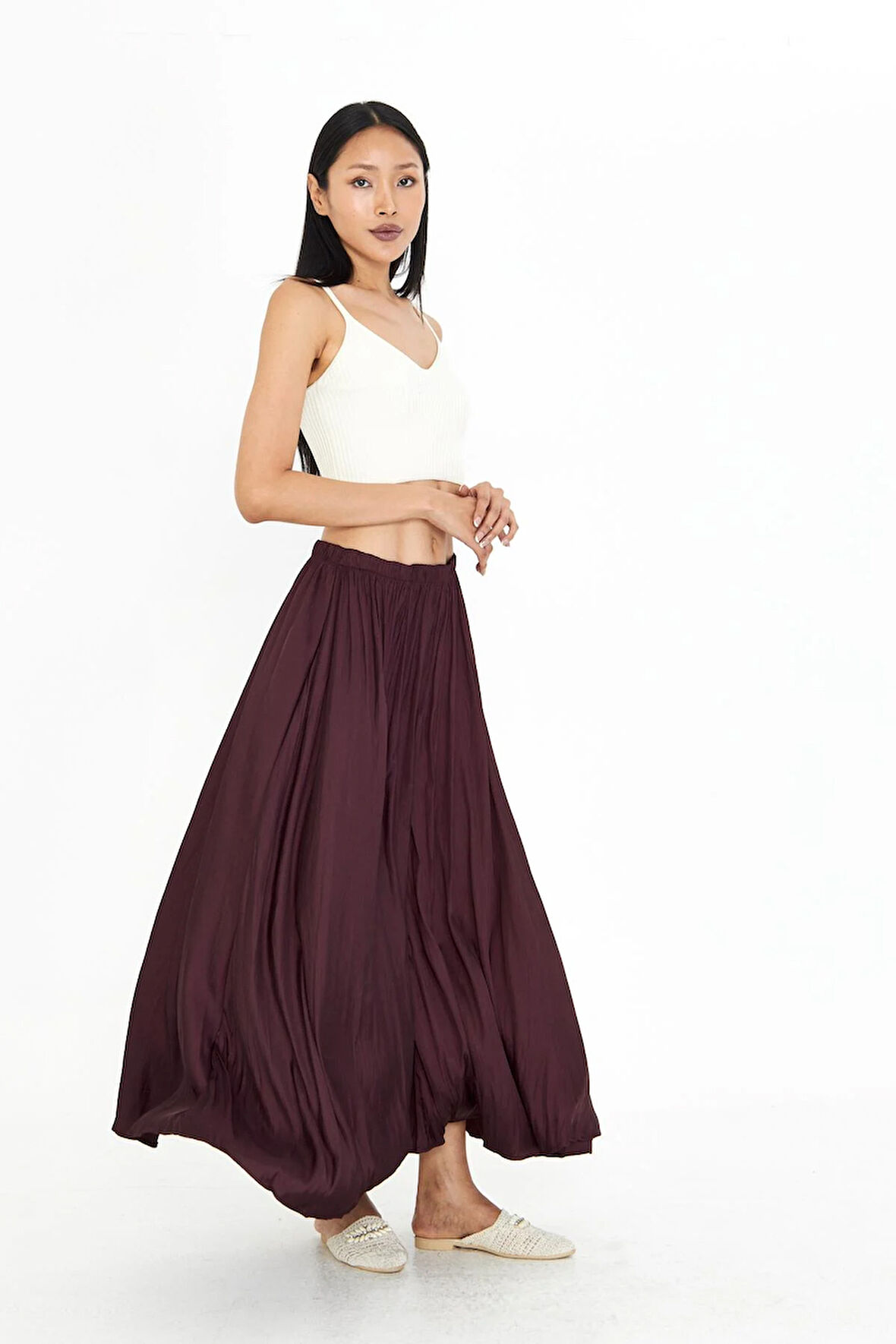 Beli Lastikli Kraşlı Uzun Saten Etek