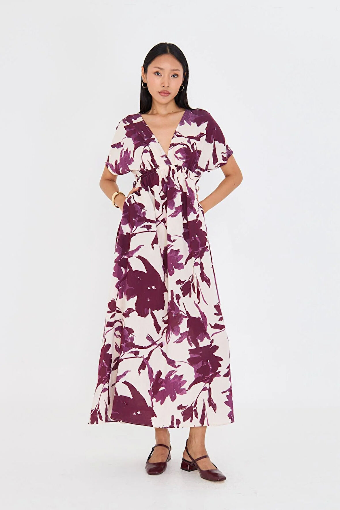 Astarsız Cep Detaylı Çiçek Baskılı Elbise