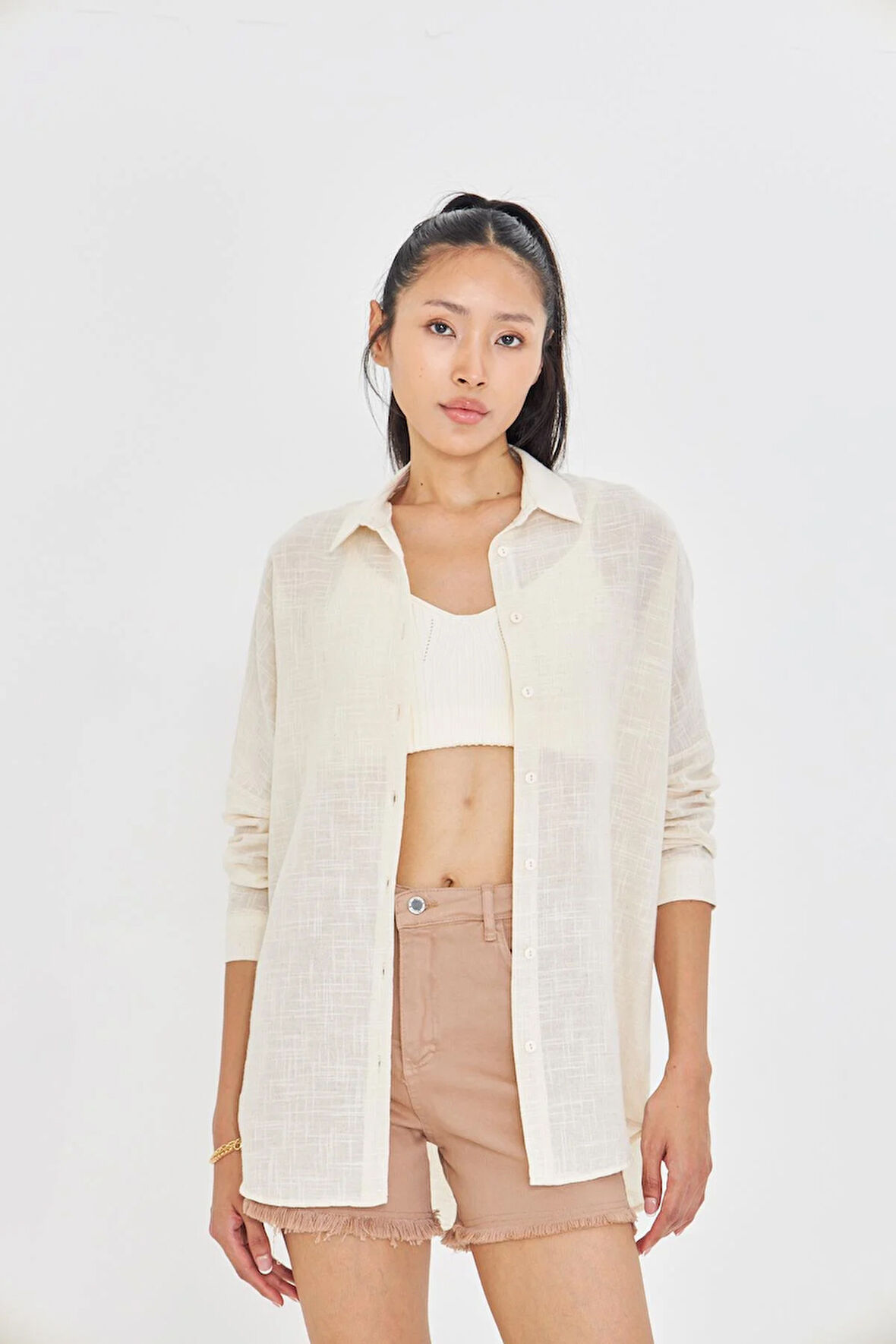 Düşük Omuz Keten Görünümlü Gömlek