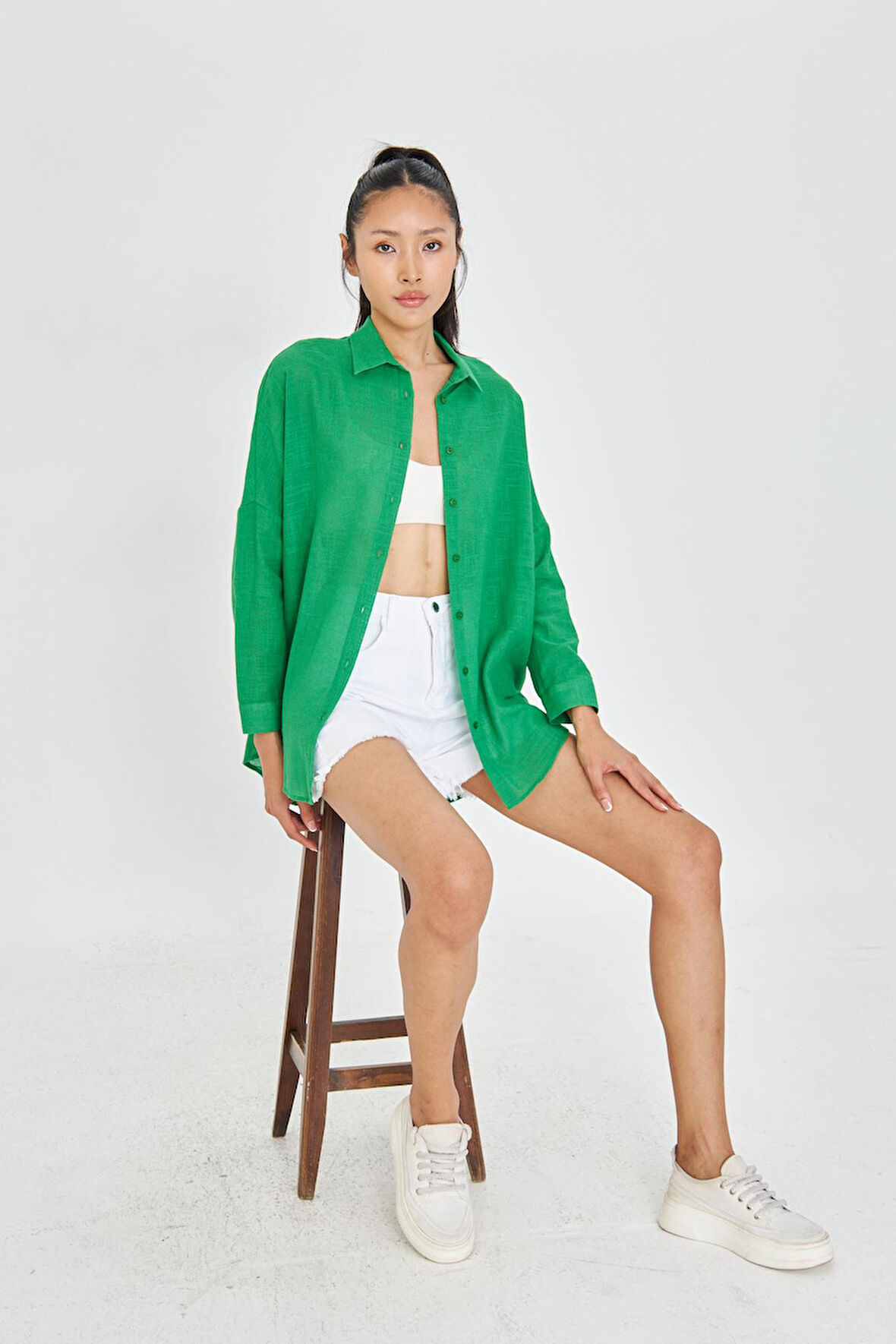 Düşük Omuz Keten Görünümlü Gömlek