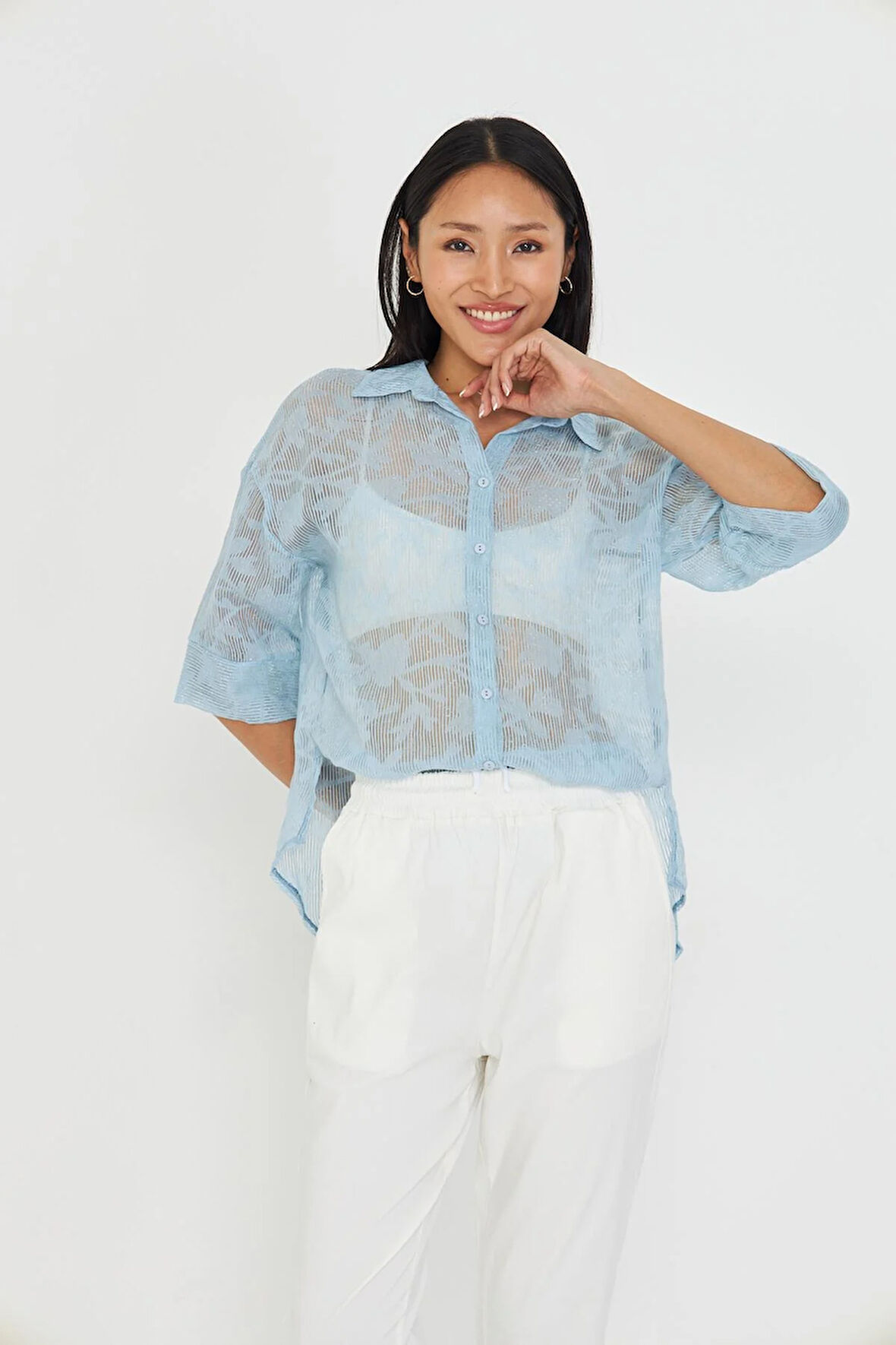 Yarım Kol Keten Görünümlü Tül Gömlek