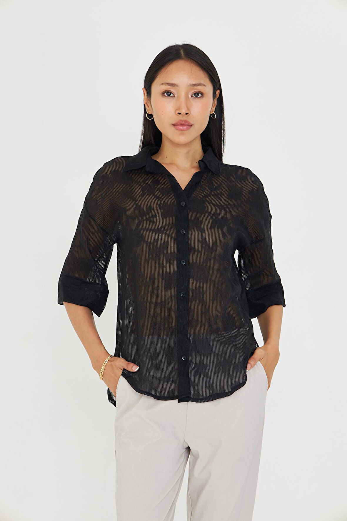 Yarım Kol Keten Görünümlü Tül Gömlek