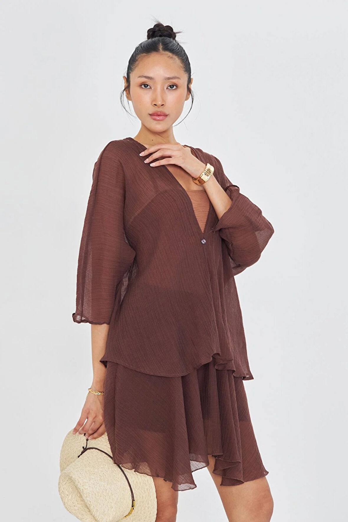 Tek Düğmeli Kırışık Kimono