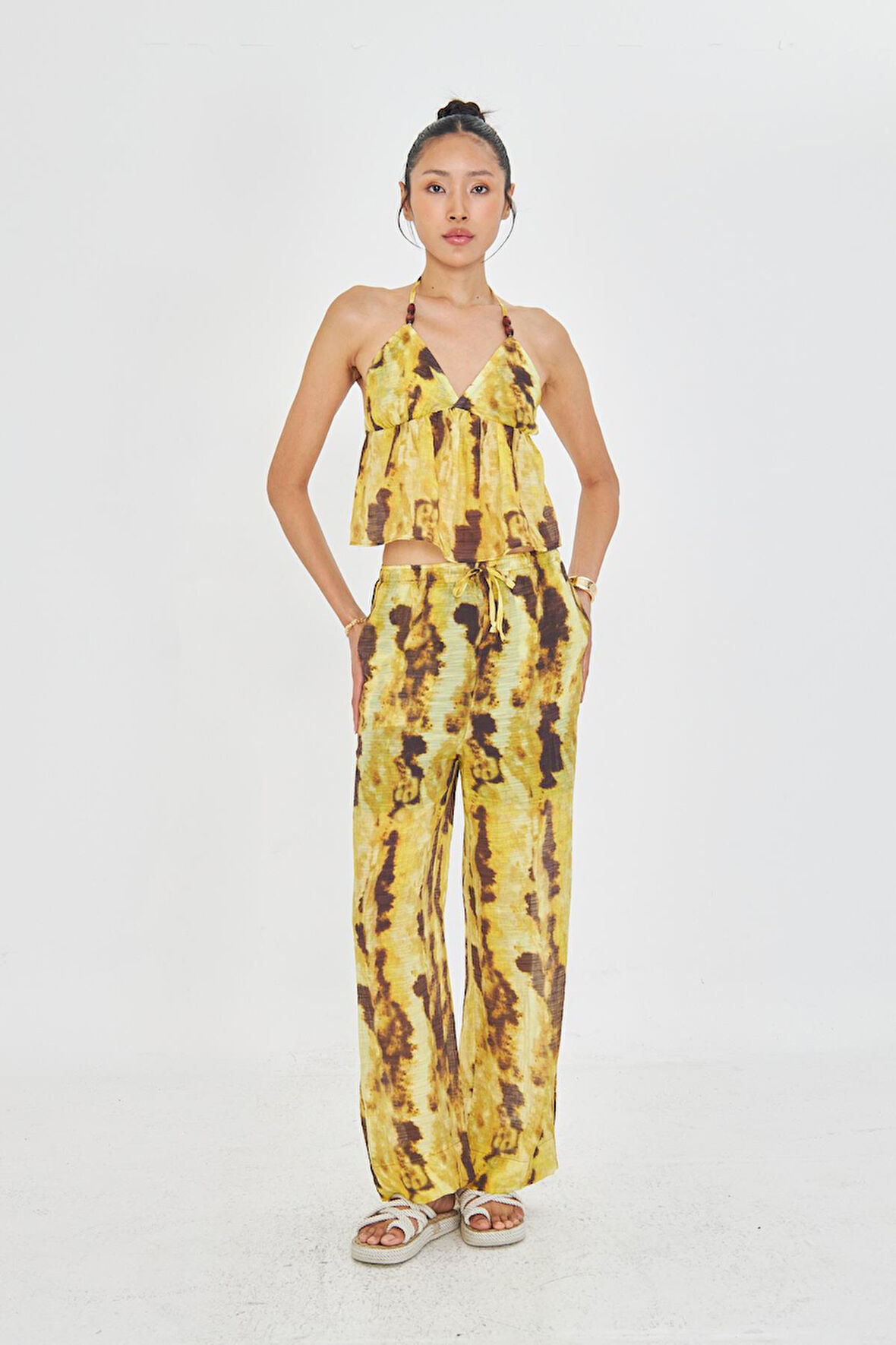 Desenli Bol Paça Pantolon