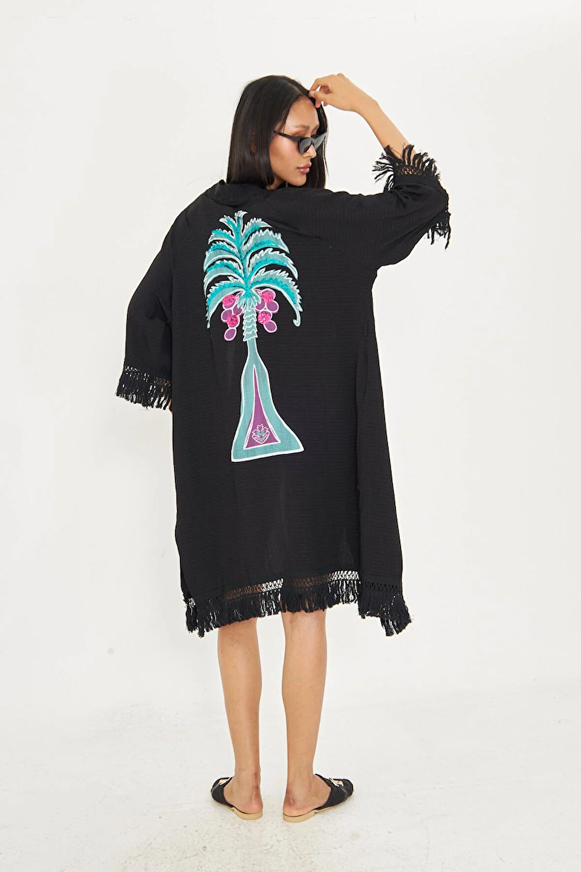 Palmiye Baskılı Püsküllü Kimono