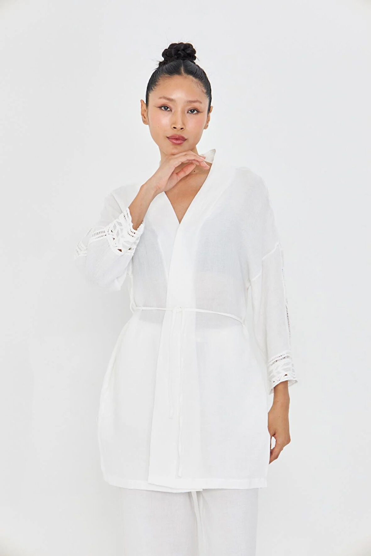 Şerit Detaylı Müslin Kimono