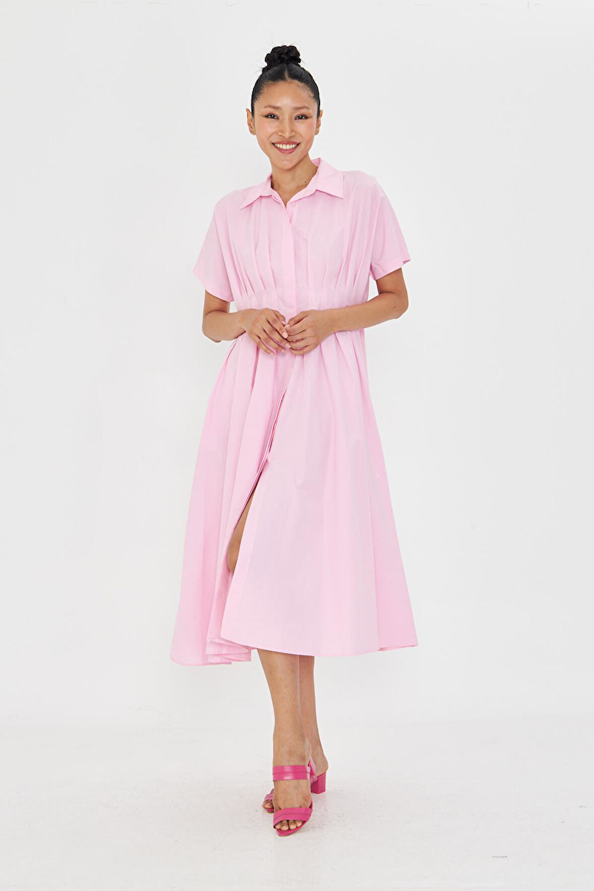 Pileli Gömlek Yaka Poplin Elbise