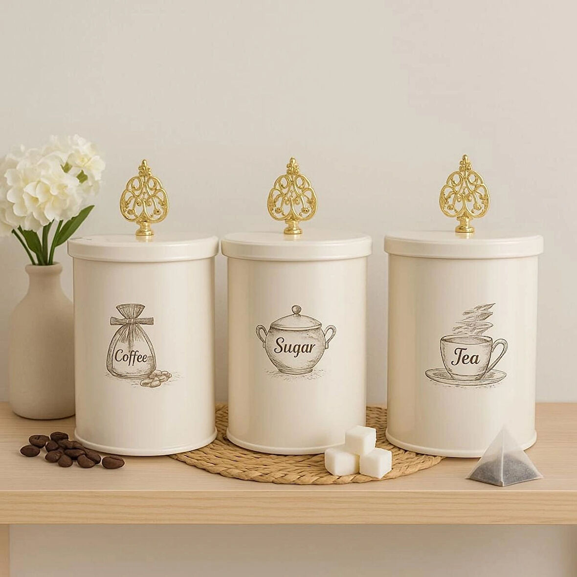 Dekorasyaa 3'lü Çay Şeker Kahve Kavanoz Seti Metal 1200ml