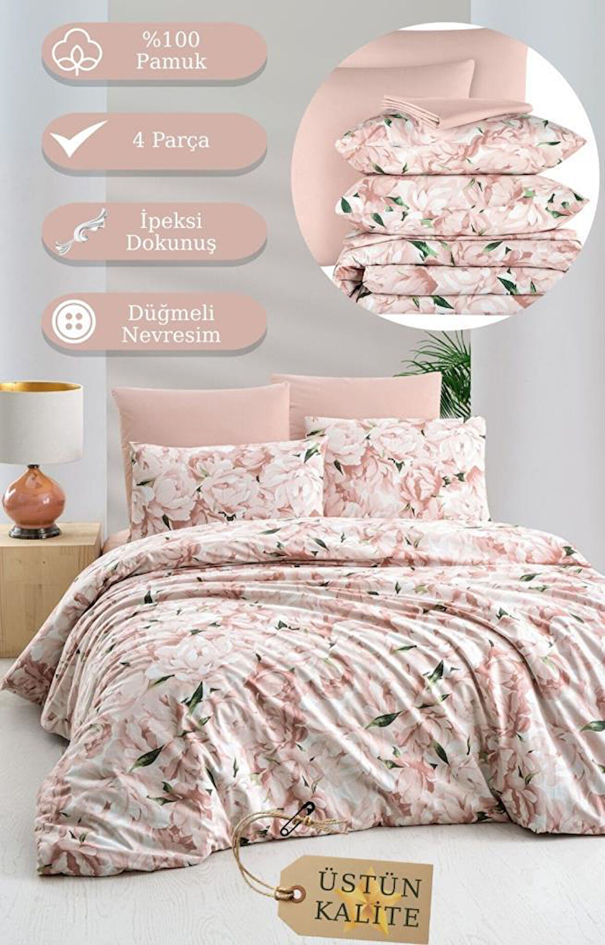 Nevresim Takımı Çift Kişilik Mariel %100 Pamuk Percale Zarif Baskılı