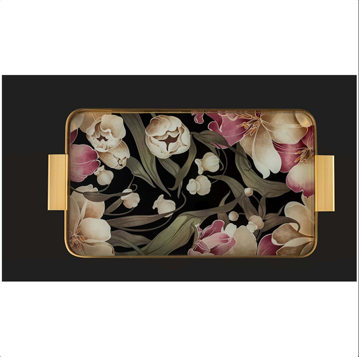 Arow Tepsi Metal Cam Desenli Siyah Pembe 24X40 Cm Gold TR-1203