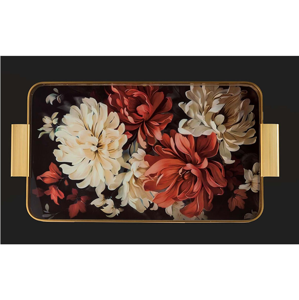Arow Tepsi Metal Cam Desenli Siyah Kırmızı 24X40 Cm Gold TR-1204