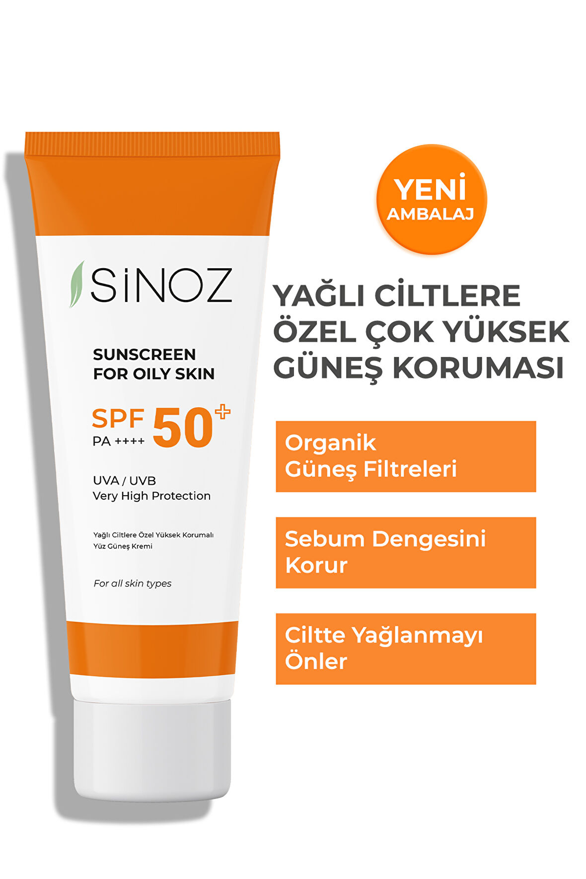 Sinoz Sunscreen 50+ Faktör Aydınlatıcı-Yaşlanma Karşıtı Yağlı Ciltler İçin Renksiz Yüz Güneş Koruyucu Krem 50 ml