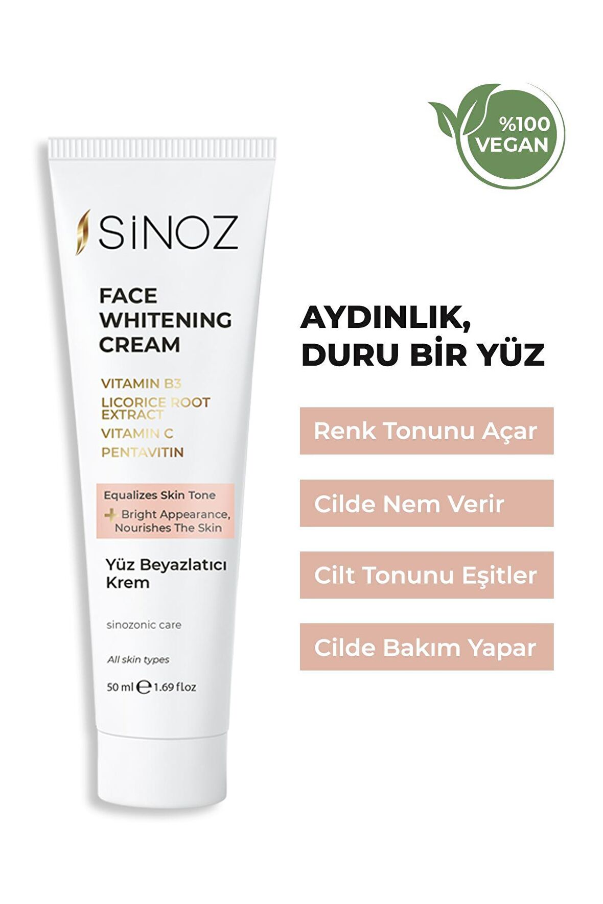 Sinoz Face Whitening Tüm Cilt Tipleri İçin Meyan Kökü Özlü Su Bazlı Yağsız Aydınlatıcı Yüz Bakım Kremi 50 ml