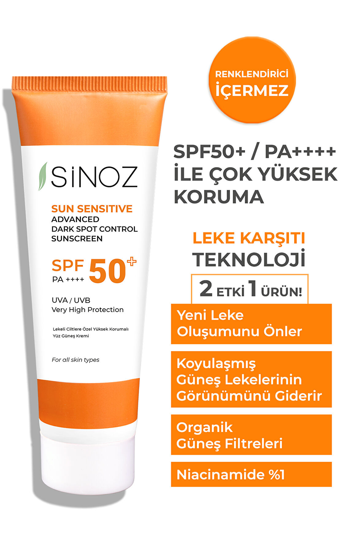 Sinoz 50+ Faktör Aydınlatıcı Tüm Cilt Tipleri İçin Renksiz Yüz Güneş Koruyucu Krem 50 ml