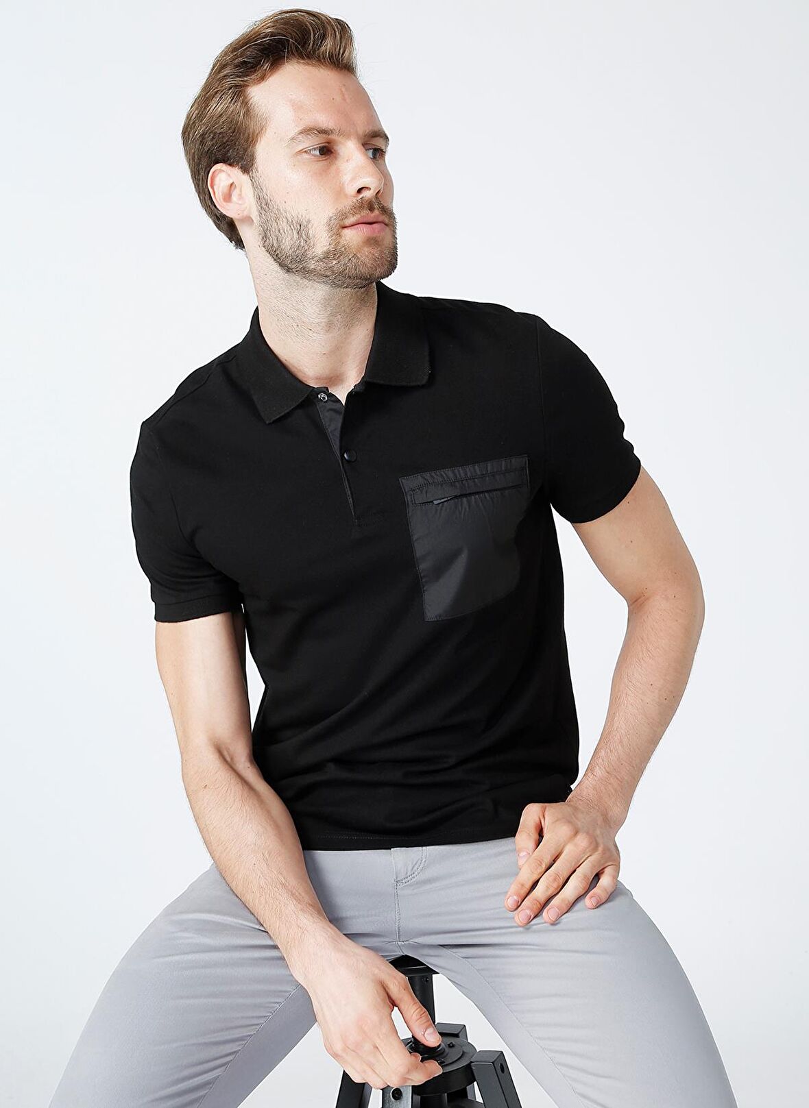 Fabrika Polo Yaka Düz Siyah Erkek T-Shirt EFRON