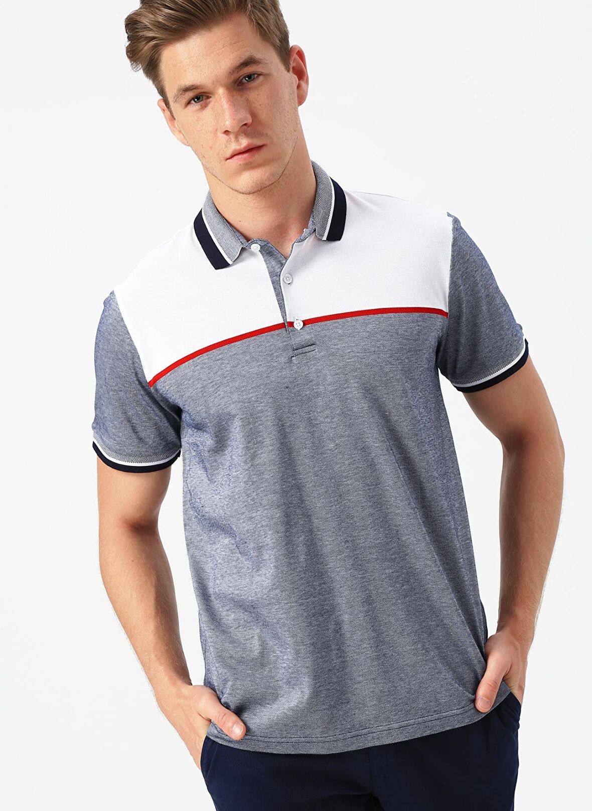 Cotton Bar Beyaz - Mavi Polo T-Shirt