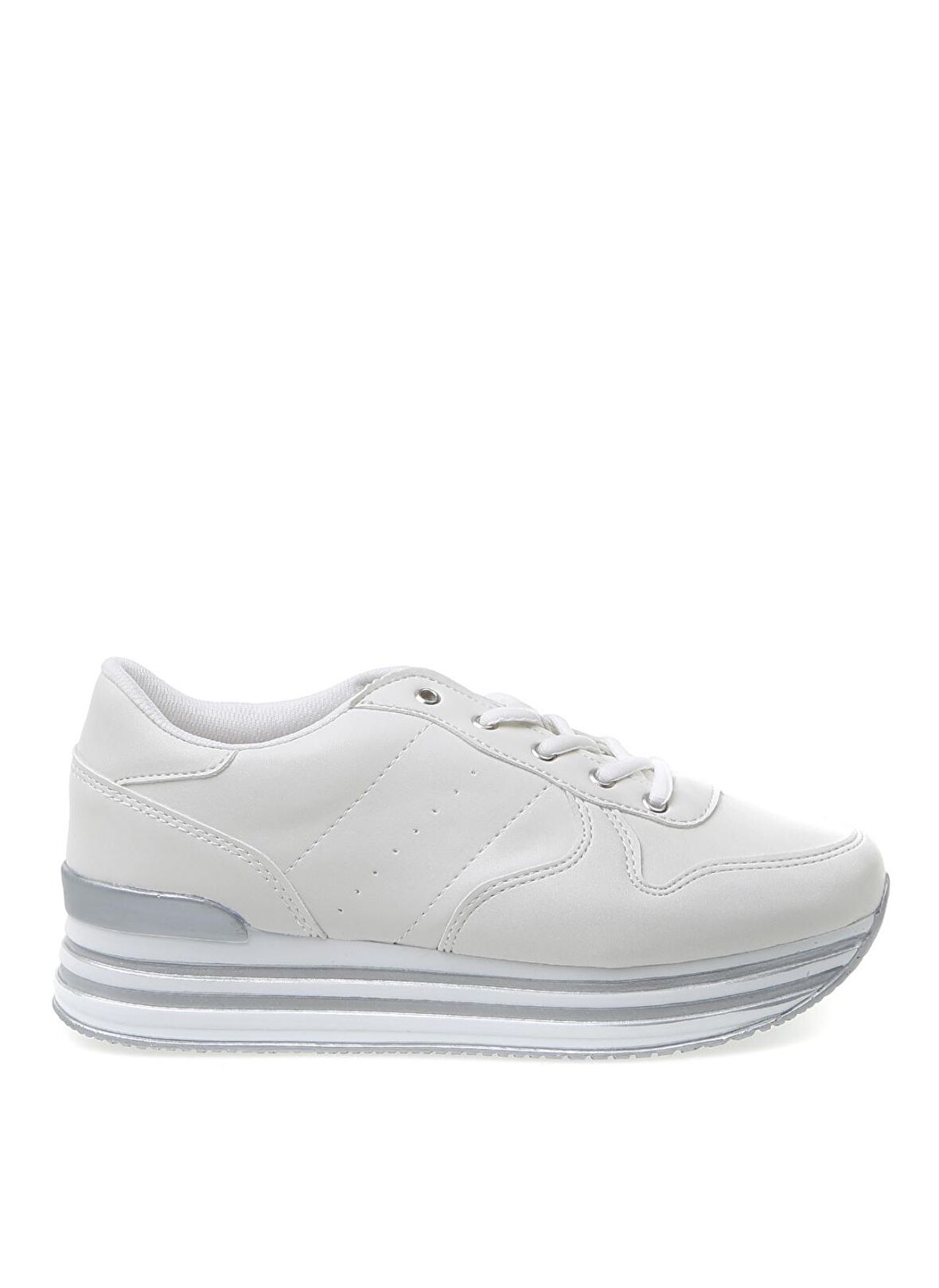 Limon Dolgu Taban Bağcıklı Suni Deri Beyaz Kadın Sneaker