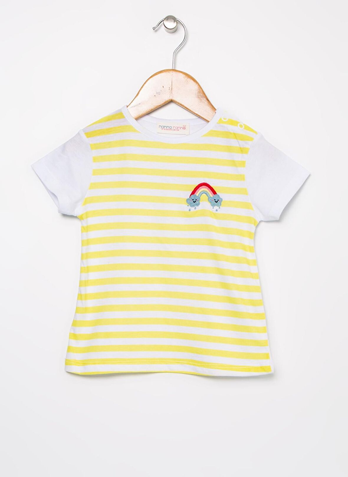 Mammaramma Sarı - Beyaz Kız Bebek Bisiklet Yaka Kısa Kollu Baskılı T-Shirt HG-08