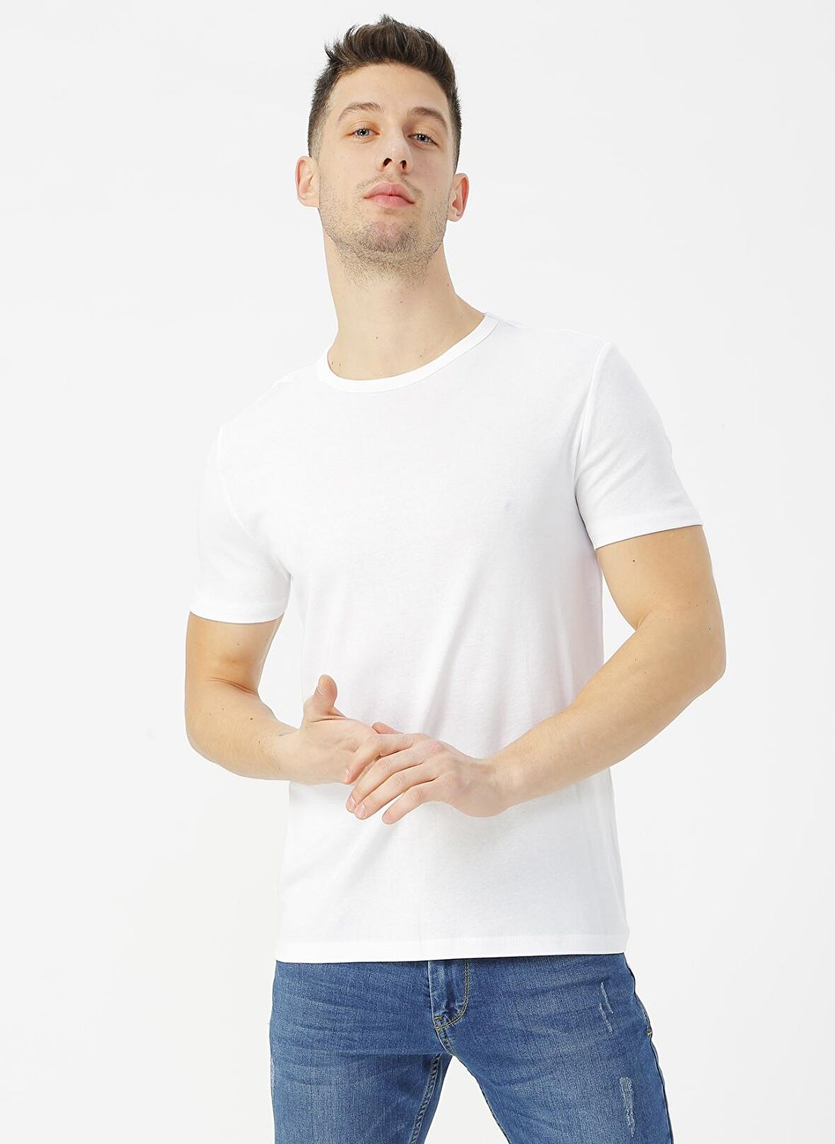 Limon Bisiklet Yaka Düz Beyaz Erkek T-Shirt GERMAN