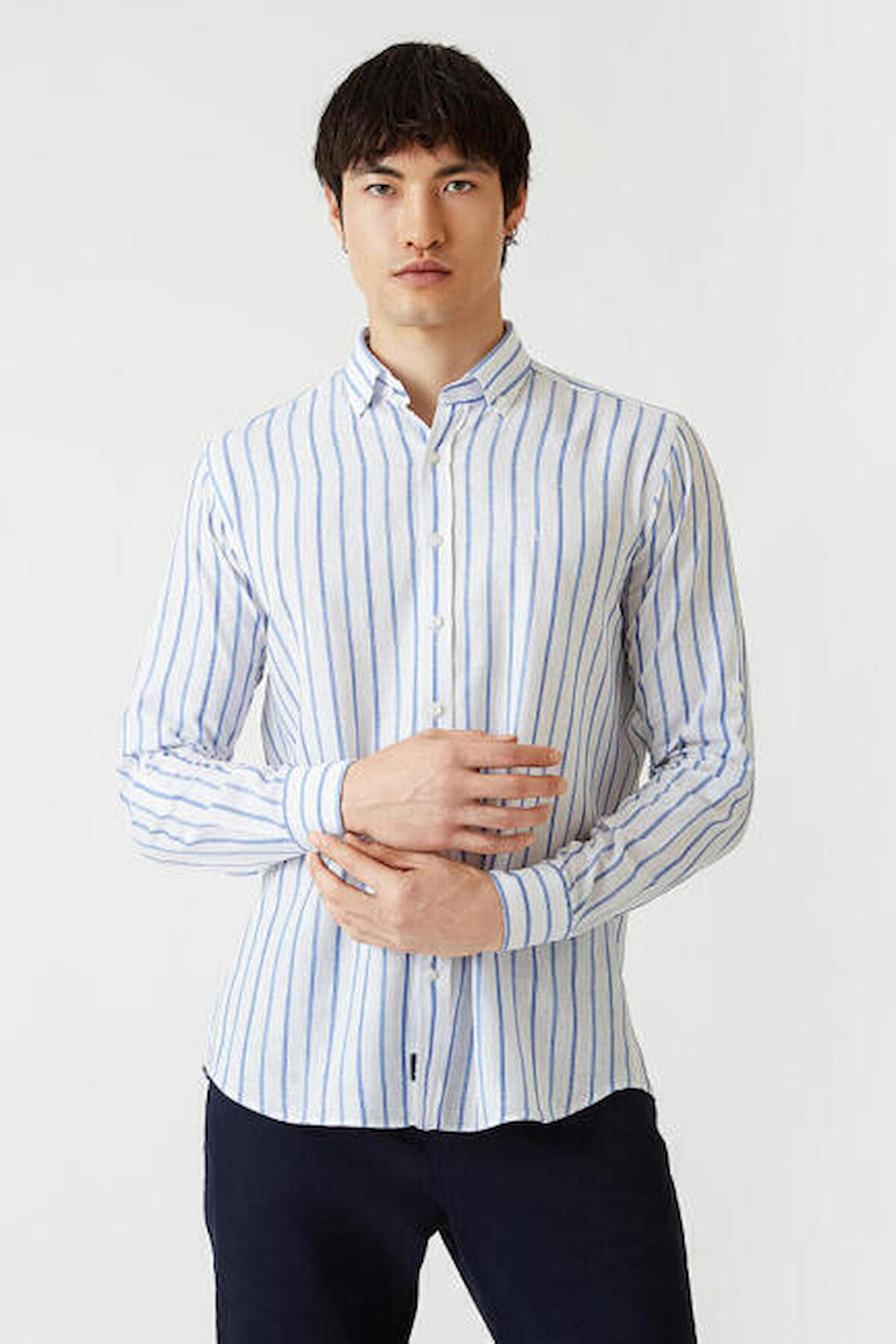 Bisse Erkek Regular Fit Çizgili Uzun Kollu Spor Gömlek MAVİ