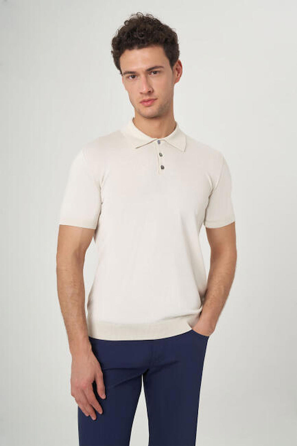 Bisse Erkek Kısa Kol Polo Yaka Düğmeli Basic Yazlık Triko T-Shirt EKRU TR23Y23106_D03