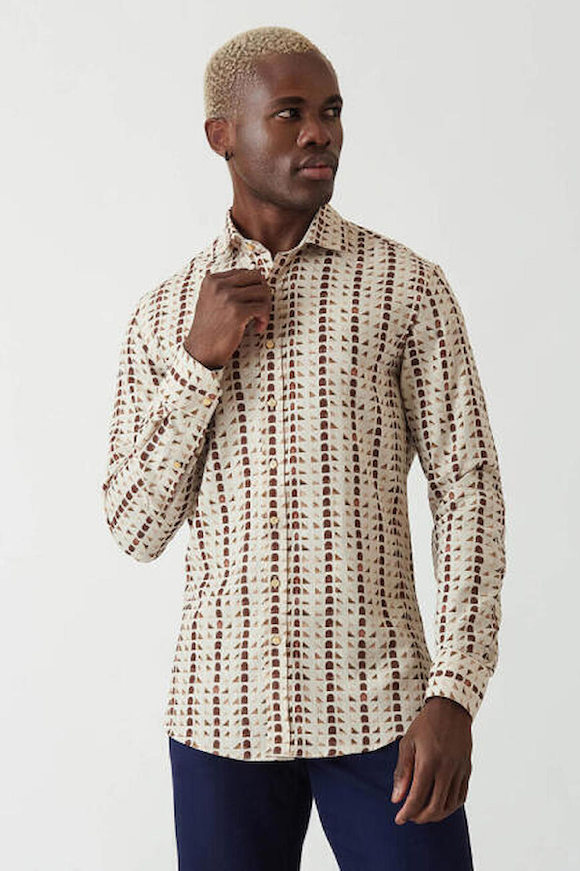 Bisse Erkek Slim Fit Uzun Kollu Desenli Spor Gömlek KAHVE GM22Y221152_E11