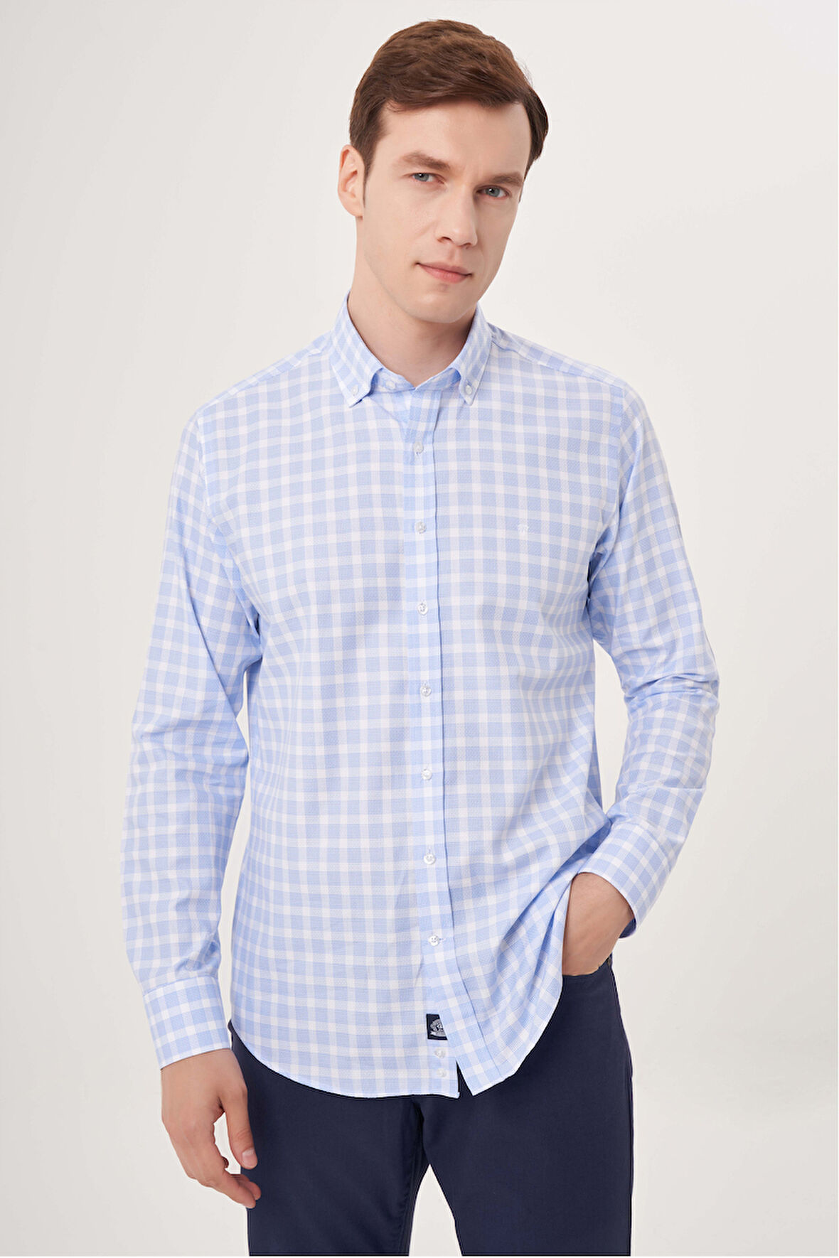 Bisse Regular Fit Paşa Yaka Mavi Ekoseli Spor Erkek Gömlek GM23Y231028_D35