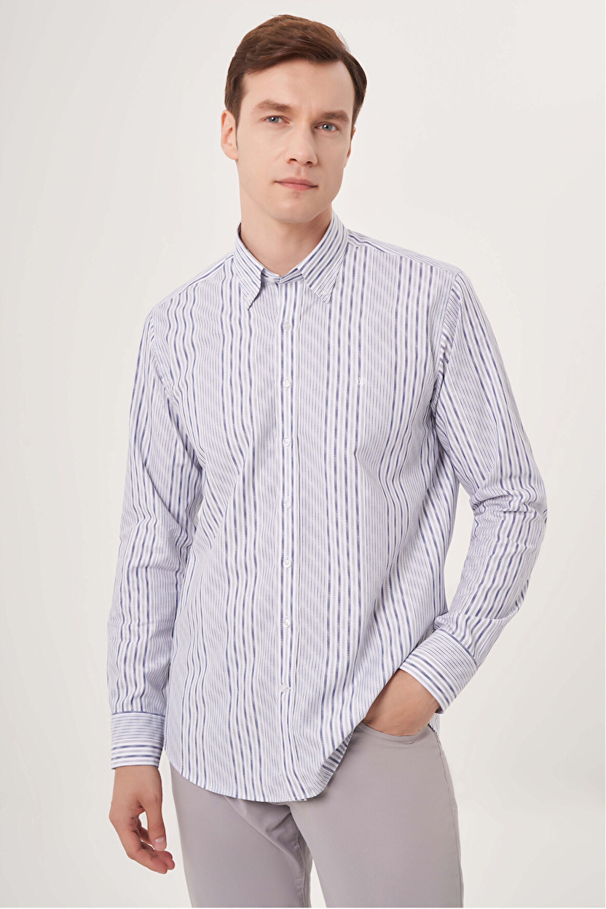 Bisse Regular Fit Gri Çizgili Spor Erkek Gömlek GM23Y231030_D55