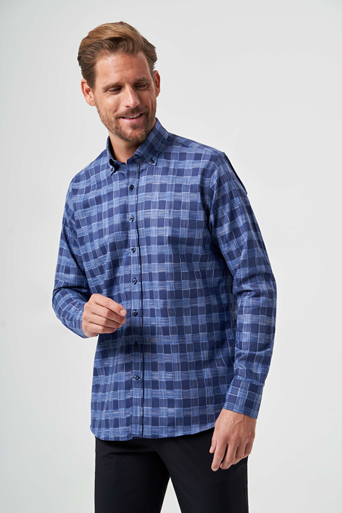 Bisse Regular Fit Paşa Yaka Lacivert Kareli Erkek Gömlek GM23Y231039_D39