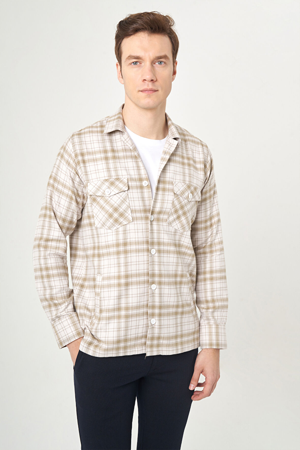 Bisse Regular Fit Bej Flanel Erkek Gömlek GM22K222103_D07