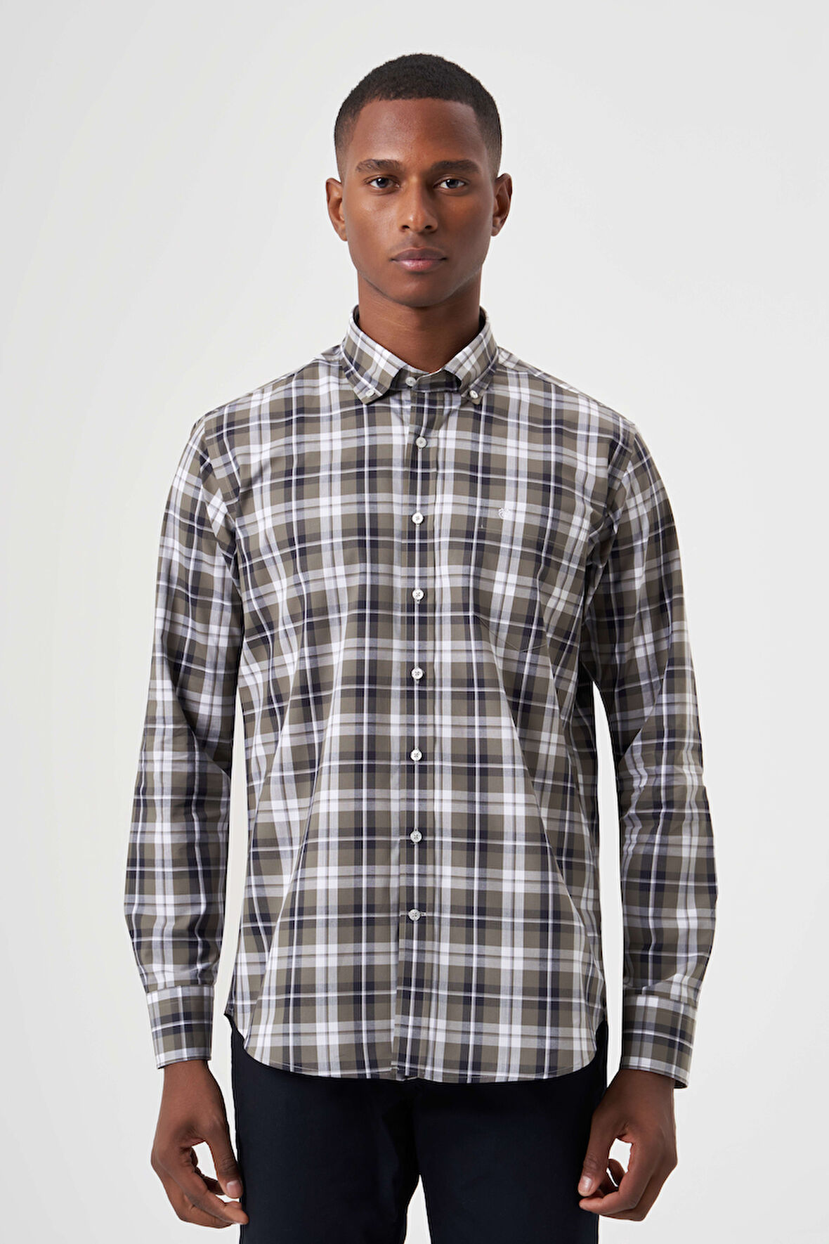 Bisse Regular Fit Paşa Yaka Haki Ekoseli Erkek Gömlek GM23K232011_D49