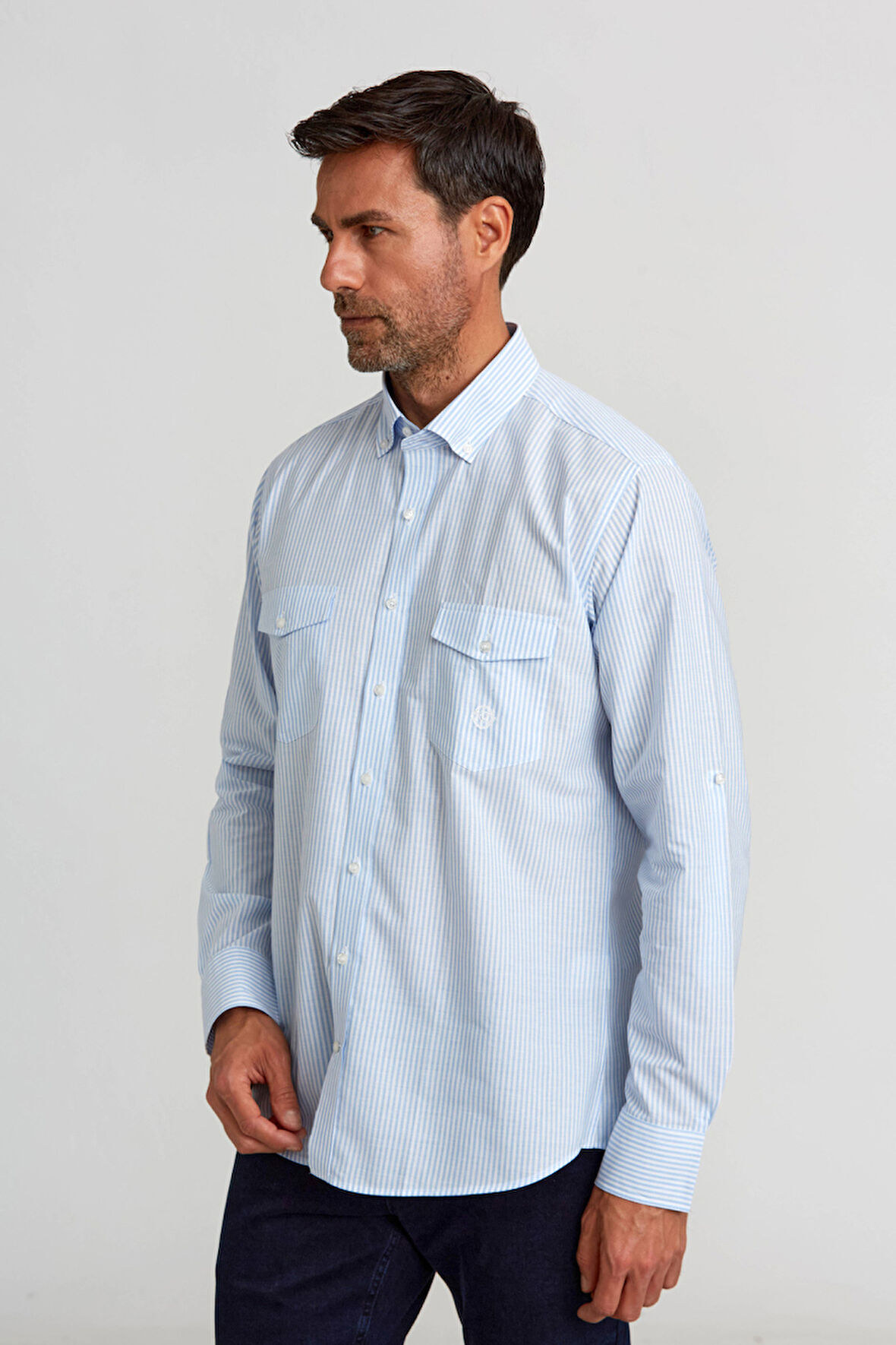 Bisse Regular Fit Paşa Yaka Kol İçi Apoletli Mavi Erkek Gömlek GM23Y231125_C35