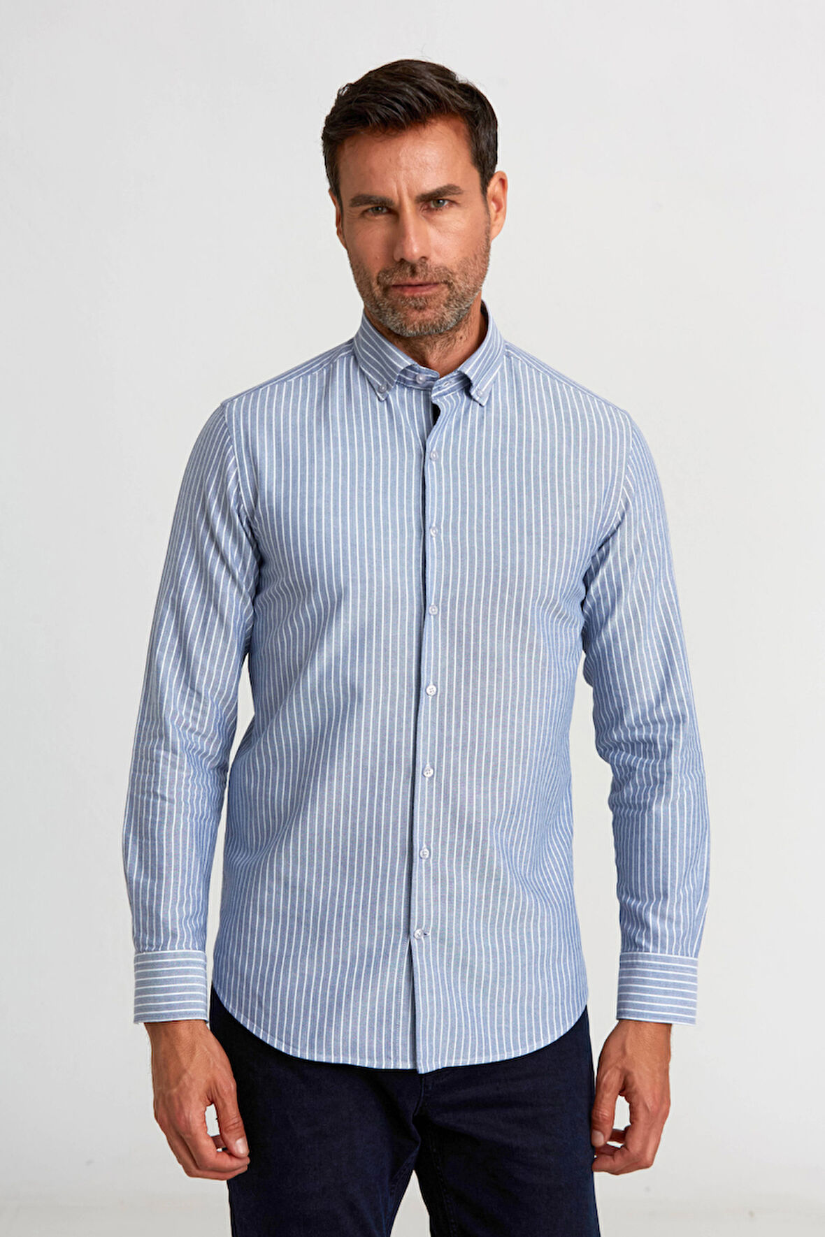 Bisse Modern Fit Paşa Yaka Düğmeli Çizgili Lacivert Erkek Gömlek GMCZG1622300205_D39