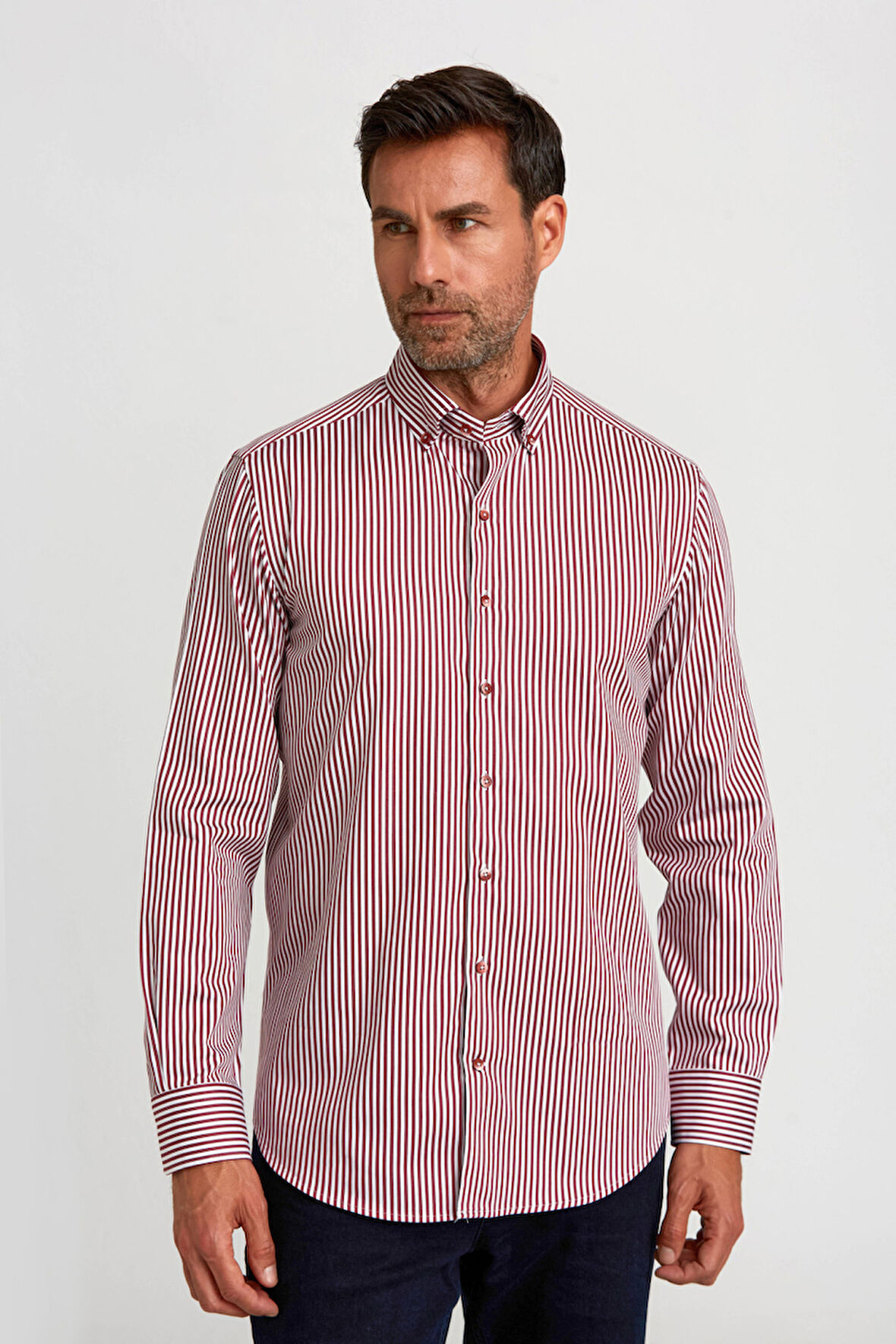 Bisse Modern Fit Düğmeli Yaka Bordo Saten Erkek Gömlek GMCZG0822300220_D25