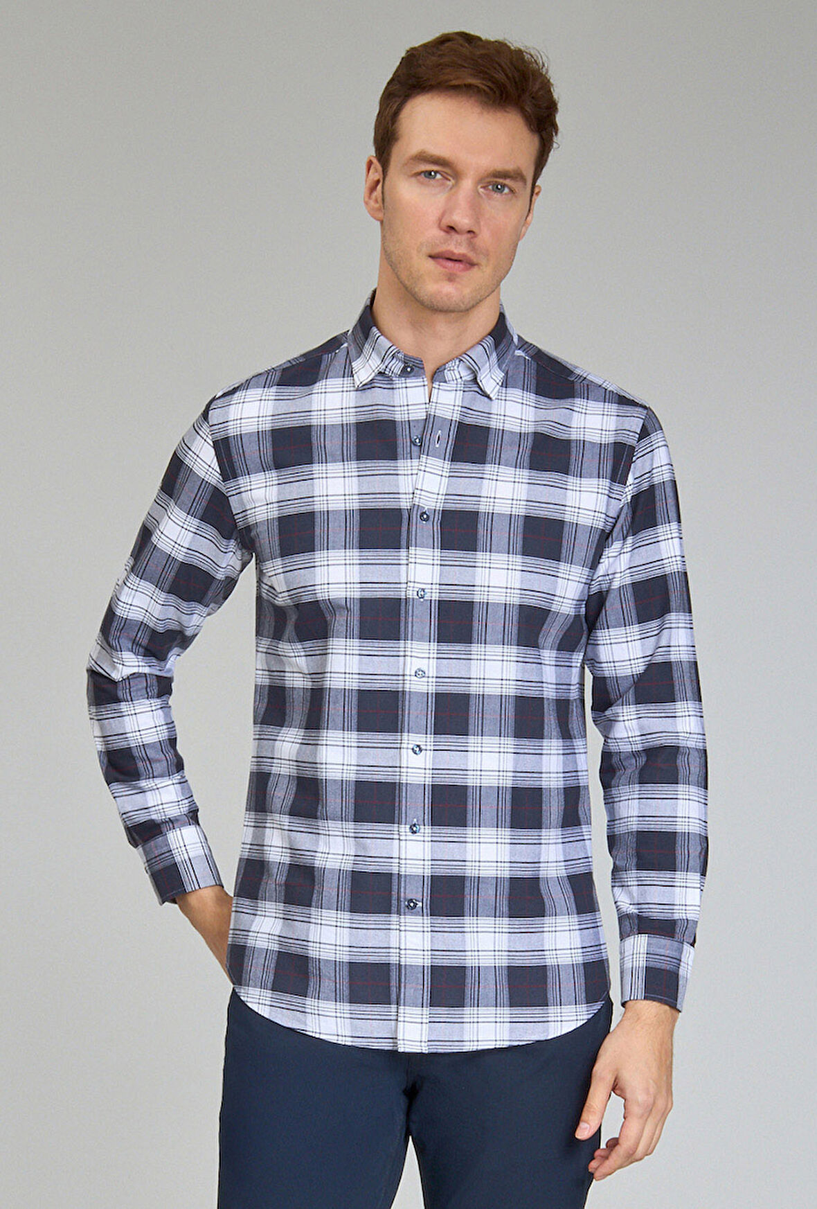 Bisse Modern Fit Paşa Yaka Ekose Lacivert Erkek Gömlek GMEKS12300300_D39