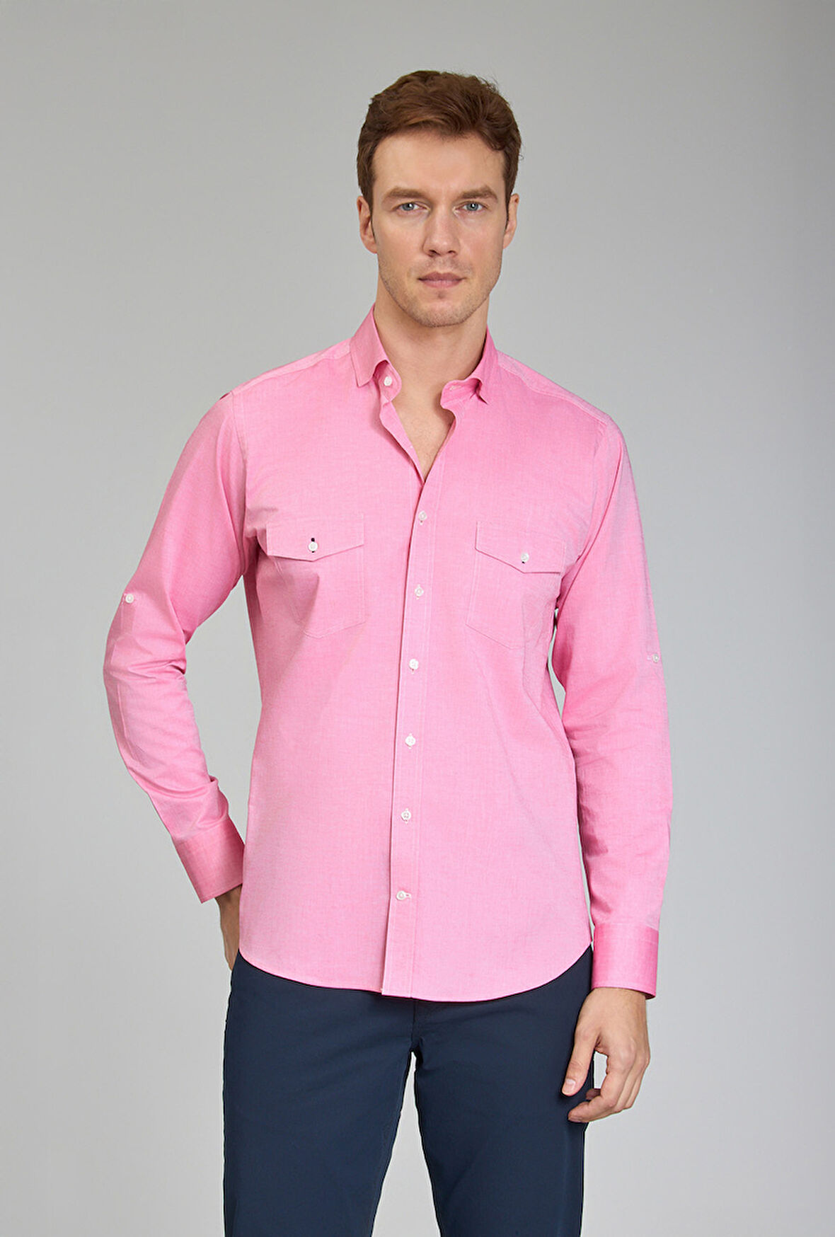 Bisse Yaka Düğmeli Uzun Kollu Regular Fit Pembe Erkek Gömlek GMOKA1224003_D29