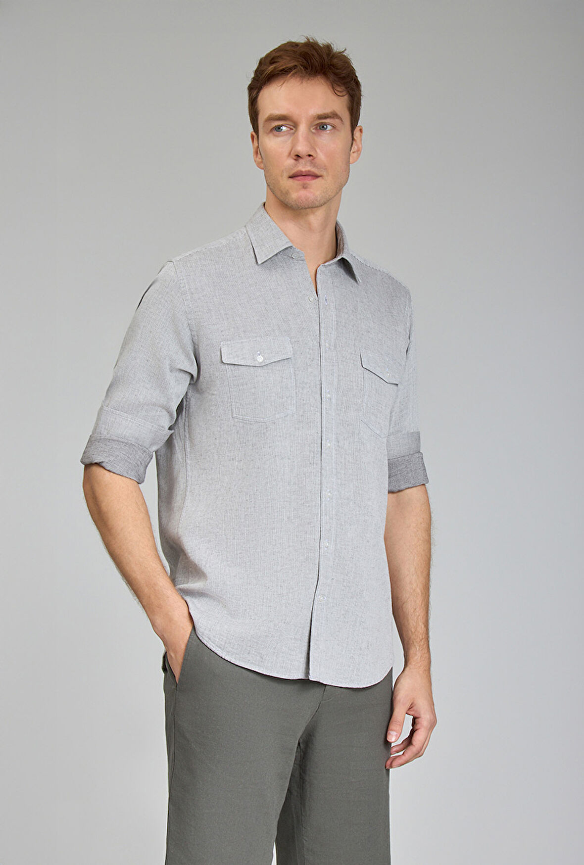 Bisse Spor Yaka Uzun Kollu Regular Fit Gri Erkek Gömlek GMKTN3SP224007_D55