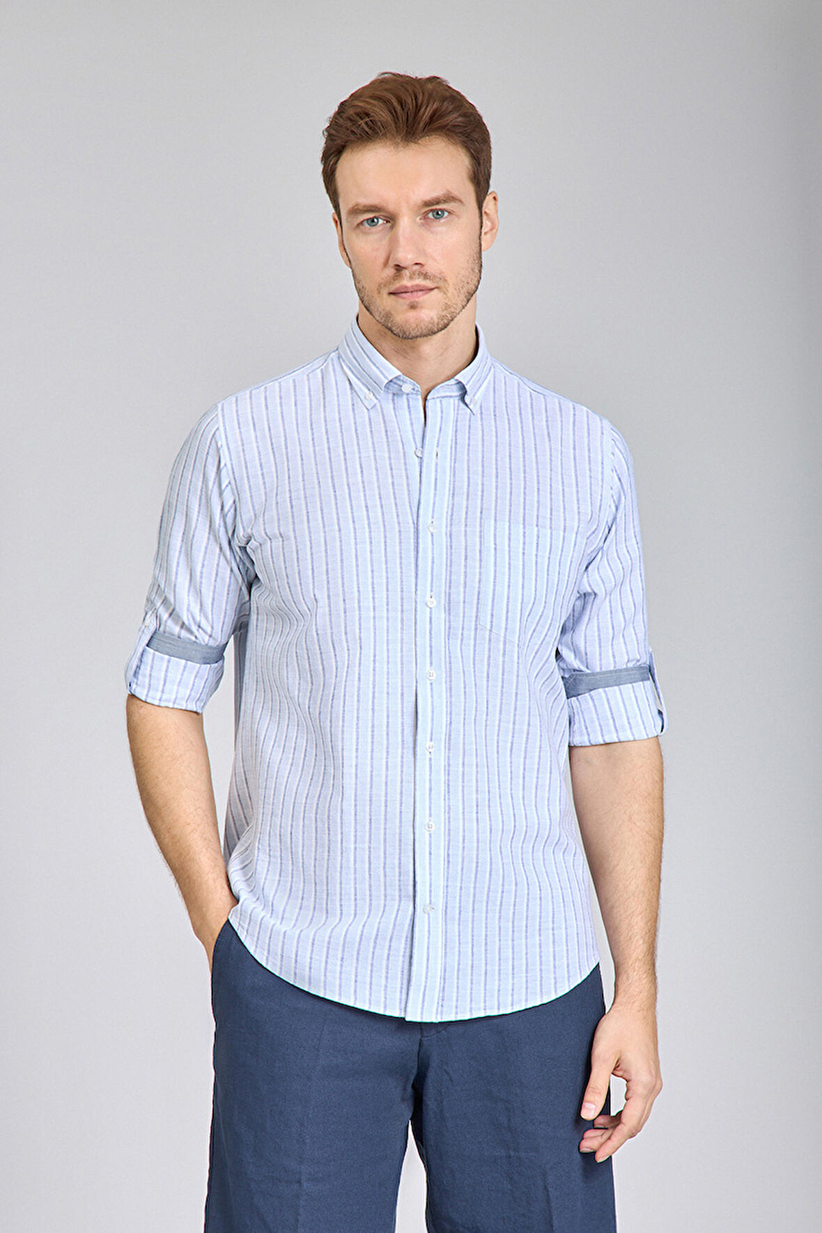 Bisse Paşa Yaka Uzun Kollu Regular Fit Çizgili Açık Mavi Erkek Gömlek GMKTN3PS224008_D35