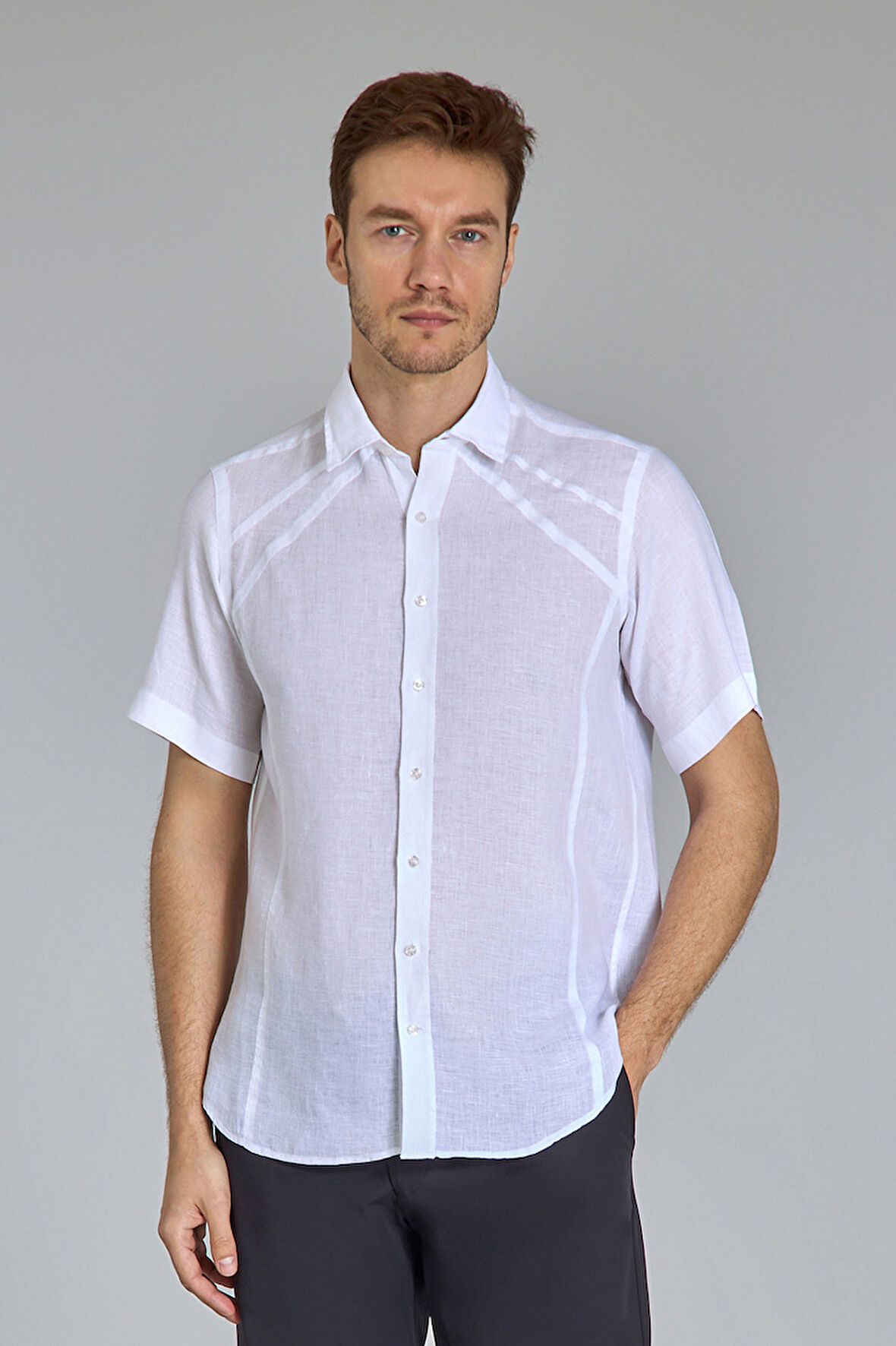 Bisse Birit Yaka Kısa Kollu Regular Fit Beyaz Erkek Gömlek GMKTNA1224013_D01