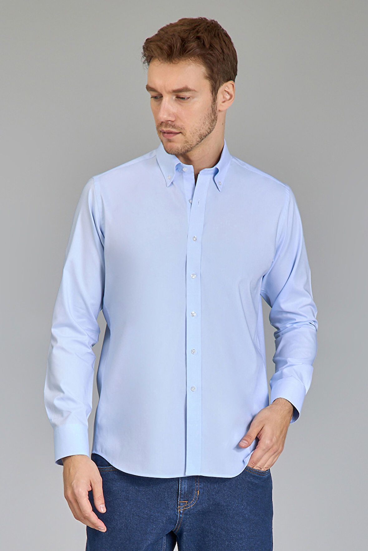 Bisse Klasik Yaka Düğmeli Uzun Kollu Regular Fit Açık Mavi Erkek Gömlek GMKLS4PAL224003_D33