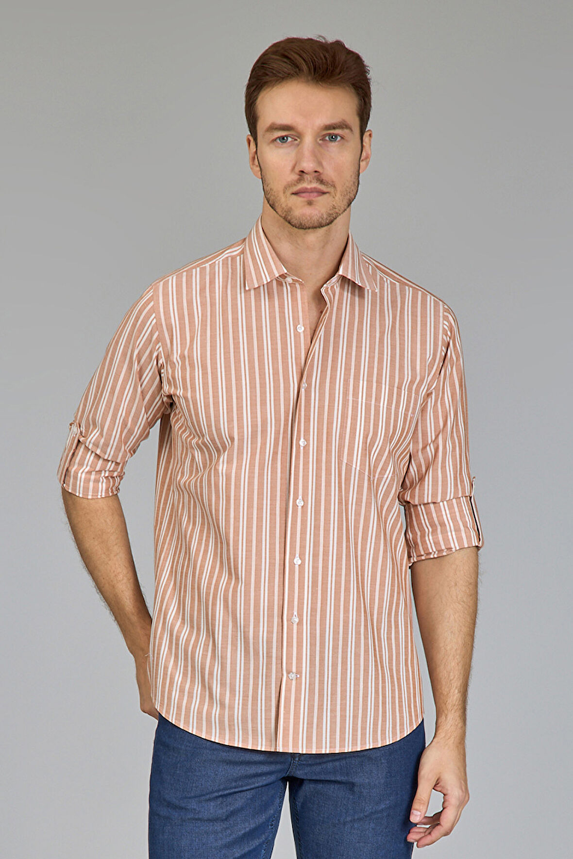 Bisse Regular Fit Spor Yaka Çizgili Somon Erkek Gömlek GMCZG3SP224005_30