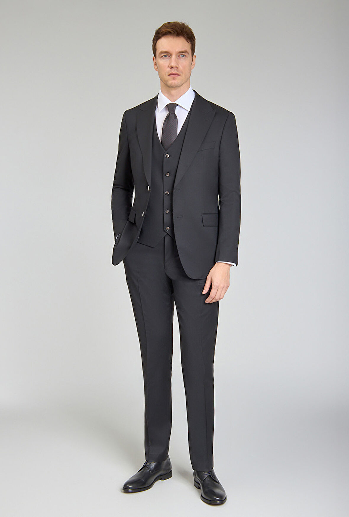Bisse Kırlangıç Yaka, Çift Yırtmaçlı, 6 Drop Gri Erkek Takım Elbise PTK24K24211_D99