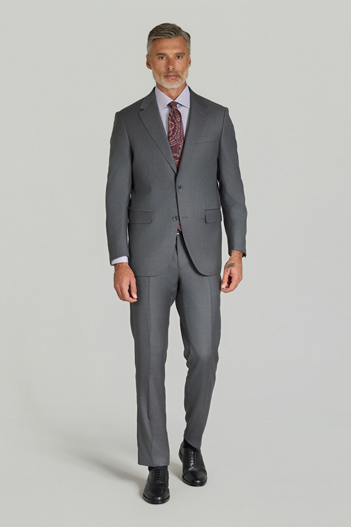 Bisse Comfort Fit 6 Drop Dokuma Mono Yaka Çift Yırtmaçlı Gri Erkek Takım Elbise PTK24KNOS001_D55