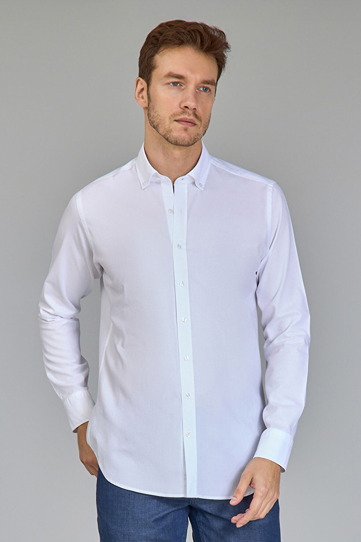 Bisse Klasik Spor Yaka Uzun Kollu Regular Fit Beyaz Erkek Gömlek GMKLS4KSP242045_D01