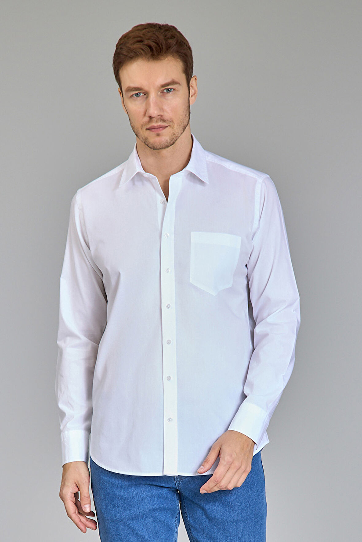 Bisse Klasik Spor Yaka Uzun Kollu Regular Fit Beyaz Erkek Gömlek GMKLS4KSP242049_D01