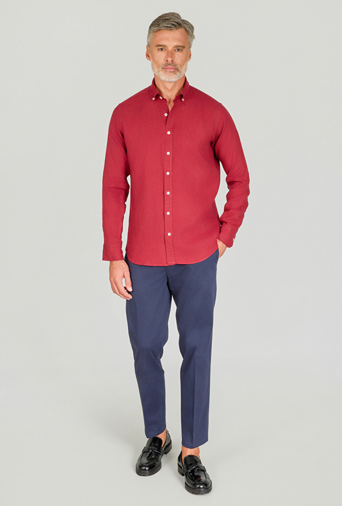 Bisse Regular Fit Paşa Yaka Cepsiz Sedef Düğmeli Bordo Erkek Gömlek GMKTN250011_D25