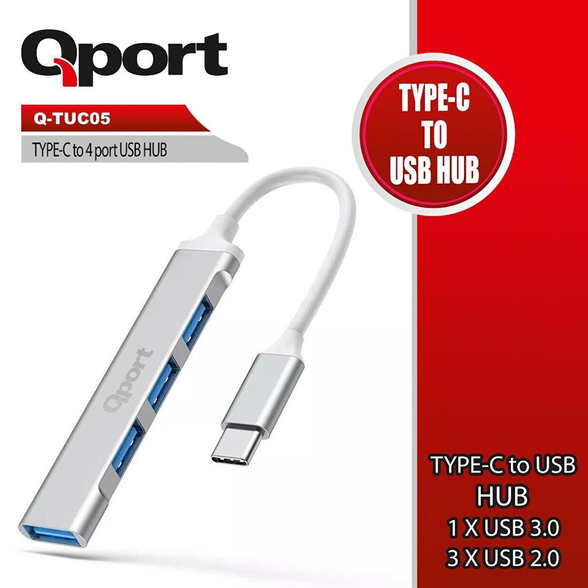 QPORT Q-TUC05 USB Type-C=> 4 PORT USB ÇOKLAYICI (Giriş: USB Tip-C => Çıkış : USB3.0 + 3xUSB2.0)